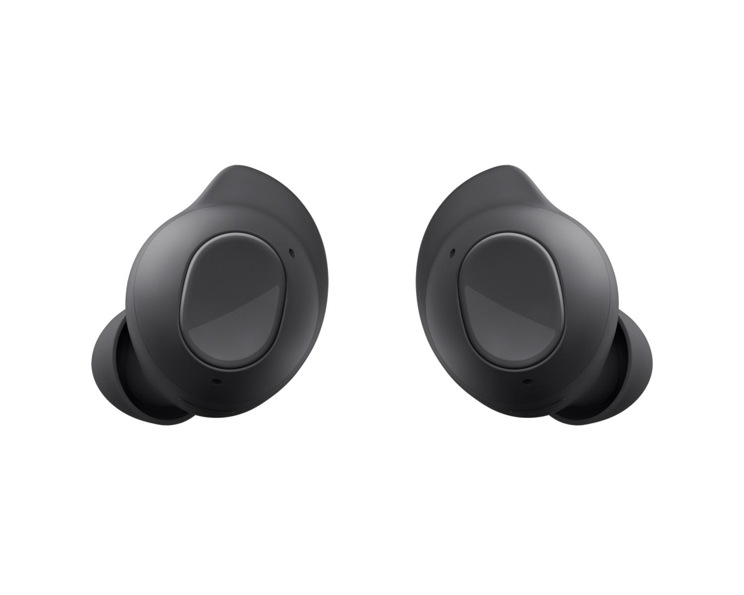Due auricolari wireless neri con accenti ovali lucidi su sfondo bianco.