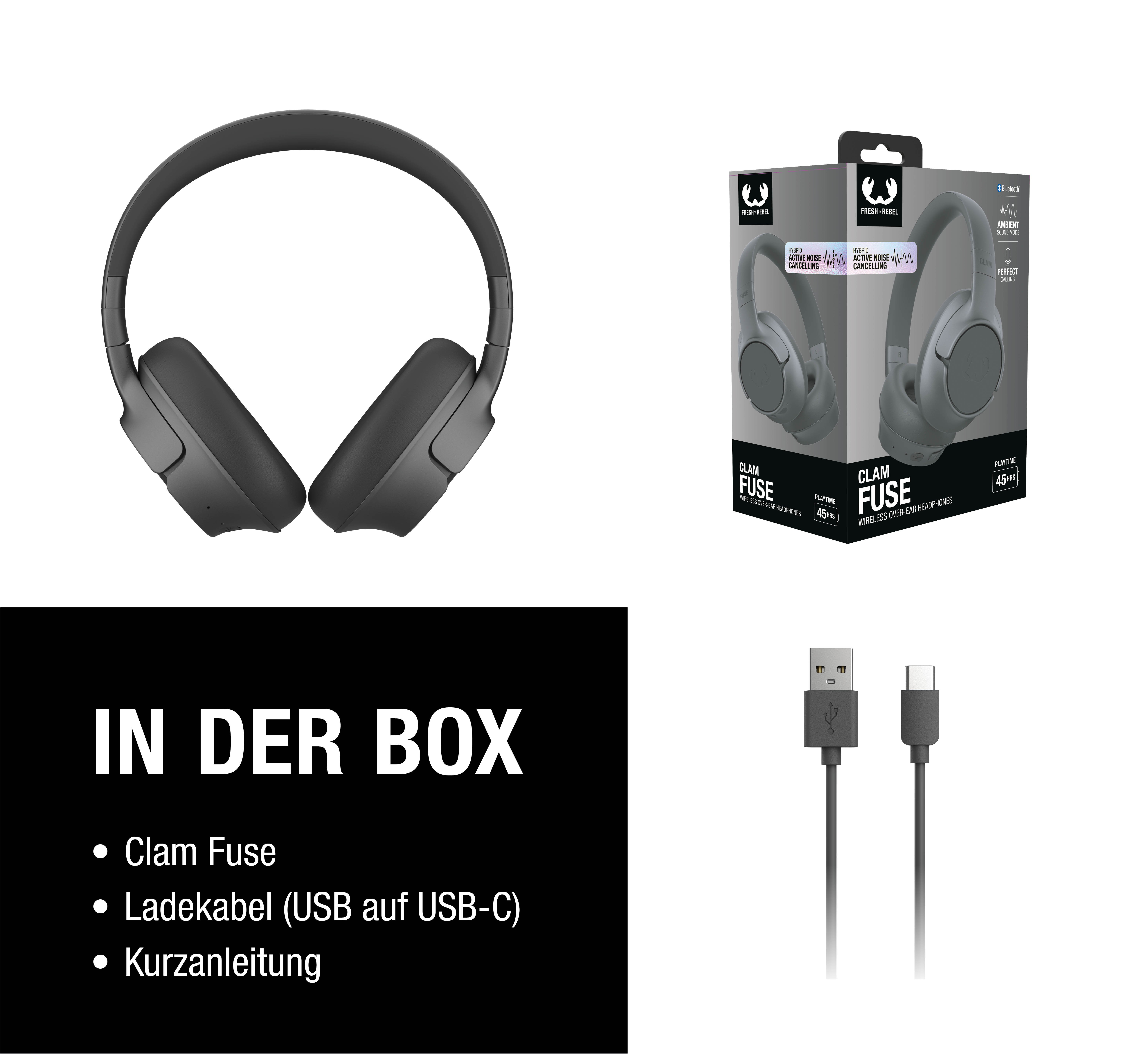 Graue Kopfhörer mit Verpackung und Ladekabel. 