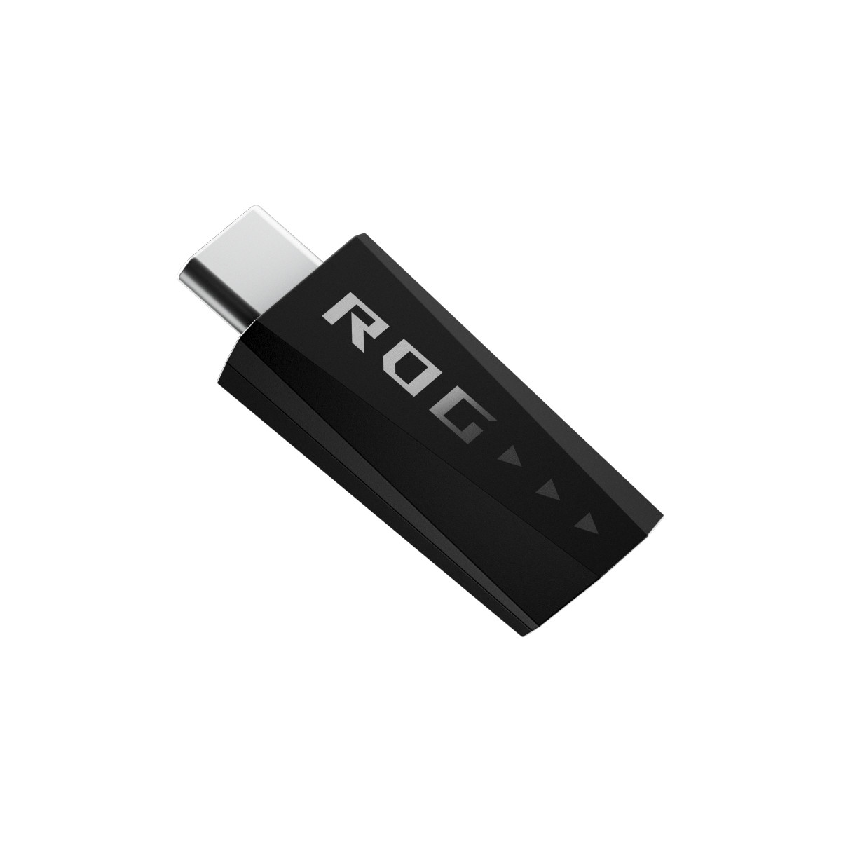 Ein schwarzer USB-C-Dongle mit ROG-Logo und Pfeilen.