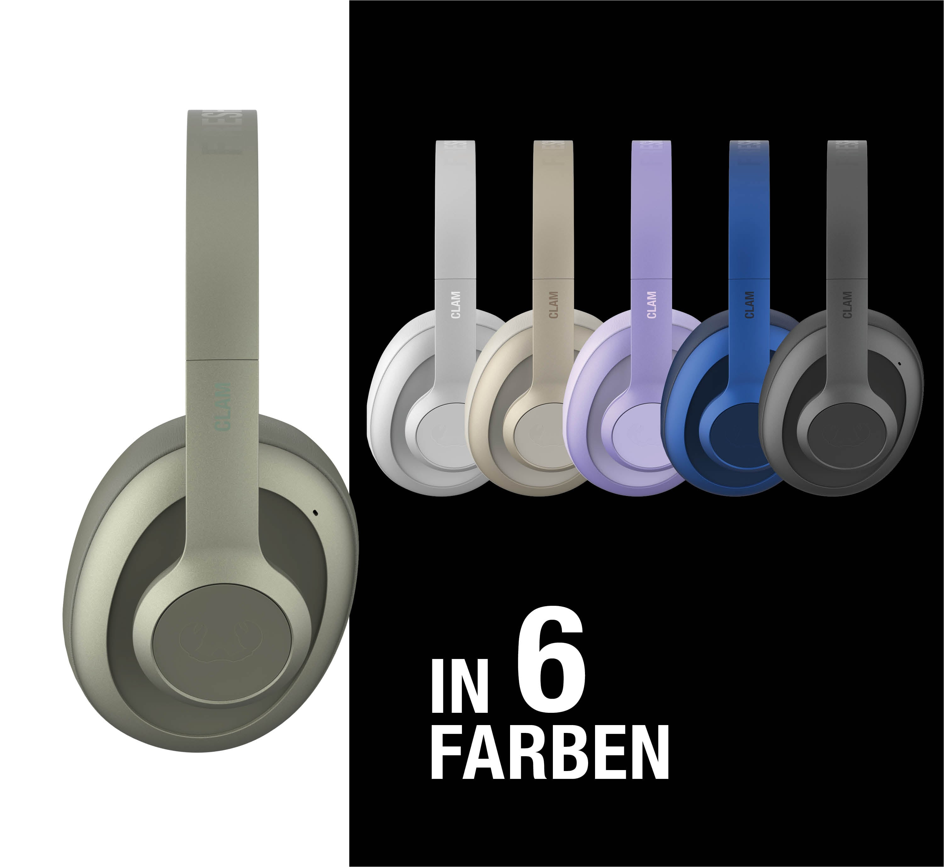 Sechs Kopfhörer in verschiedenen Farben: Grau, Beige, Lila, Blau und Dunkelgrau.
