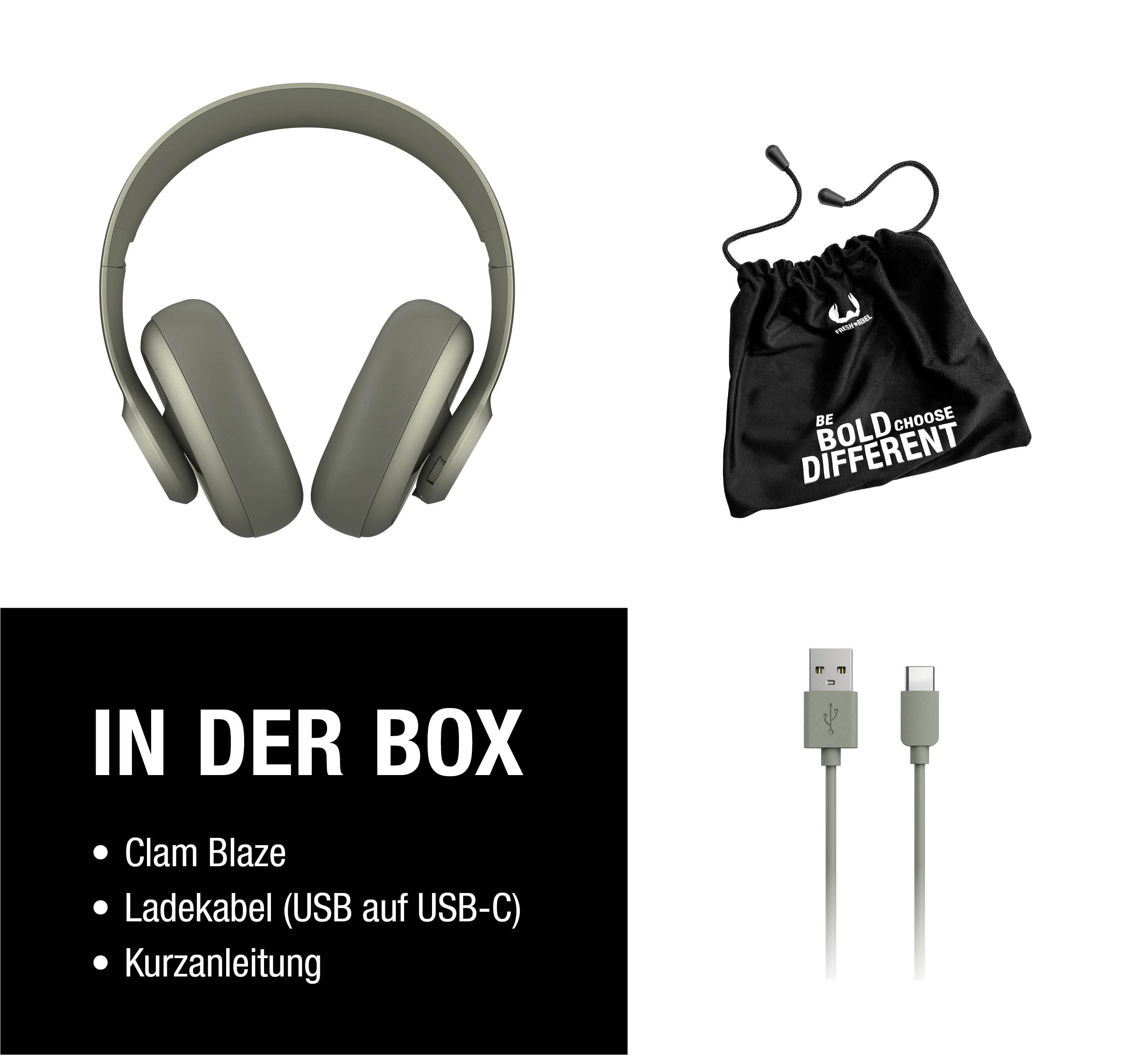 Graue Kopfhörer, schwarze Tasche mit Aufdruck, zwei graue Kabel.