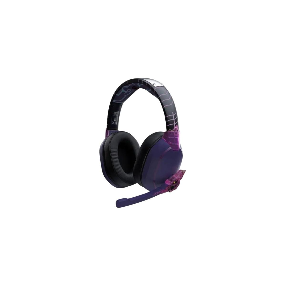 Cuffie viola con microfono e design dettagliato dell'archetto.