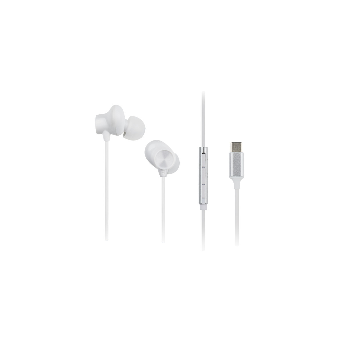 White in-ear earphones with USB-C connector and inline remote control.