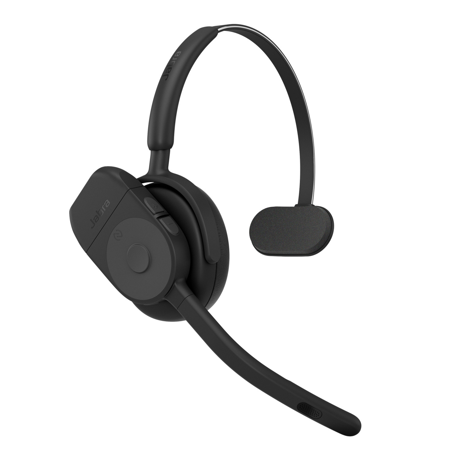 Schwarzer Jabra-Bluetooth-Kopfhörer mit Mikrofon und Ohrbügel, auf weißem Hintergrund.