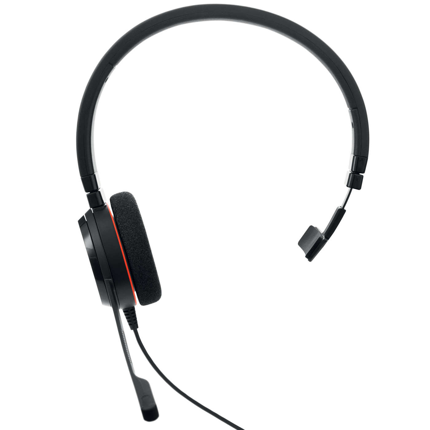 Casque serre-tête noir avec microphone et accent orange.