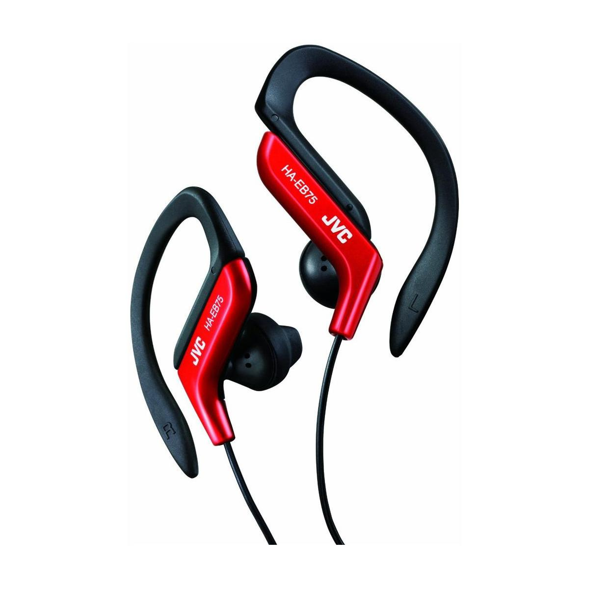 Auricolari JVC rossi e neri con ganci per l'orecchio.