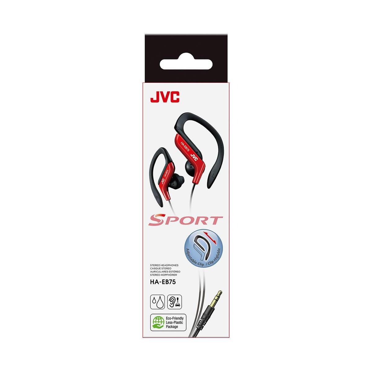 Confezione di cuffie sportive JVC rosse e nere con clip regolabile.