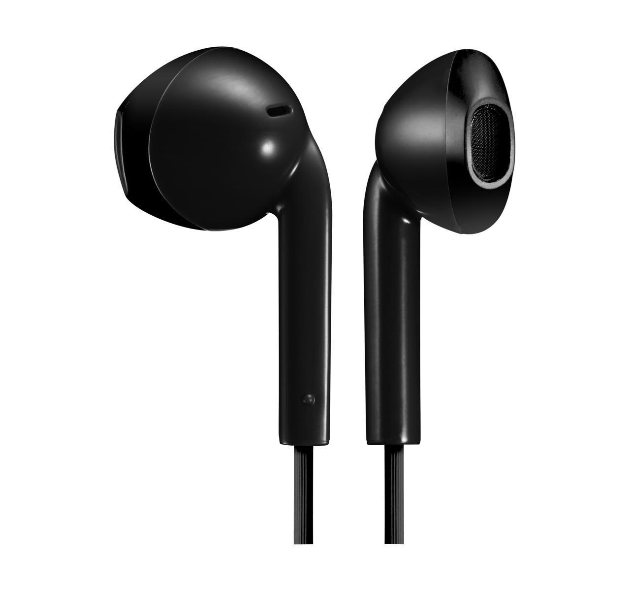Due auricolari neri in-ear con cavi, isolati su bianco.