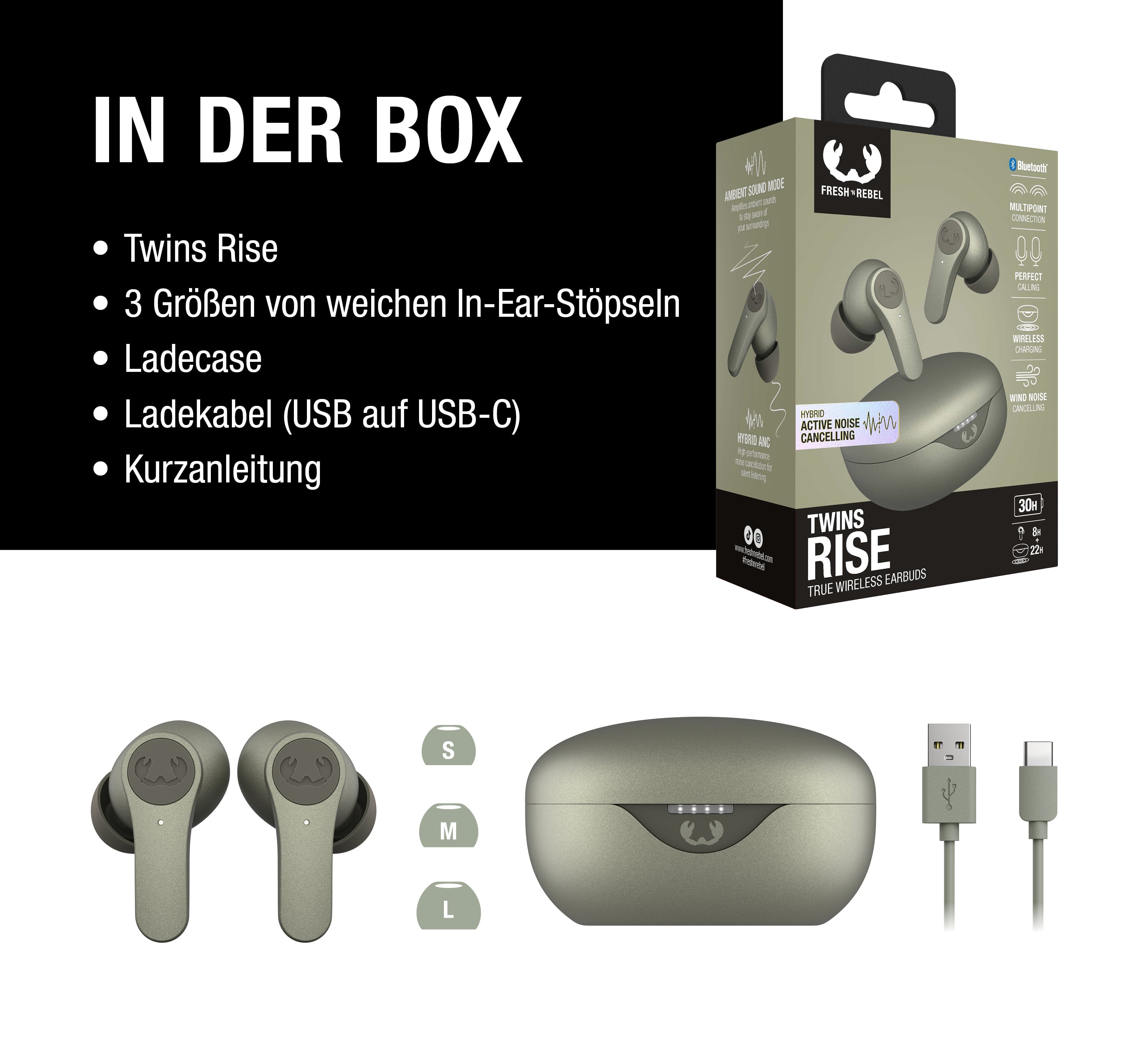 Verpackungsinhalt: Ohrhörer, Ladecase, Ladekabel, Anleitung und Ohrstöpsel.
