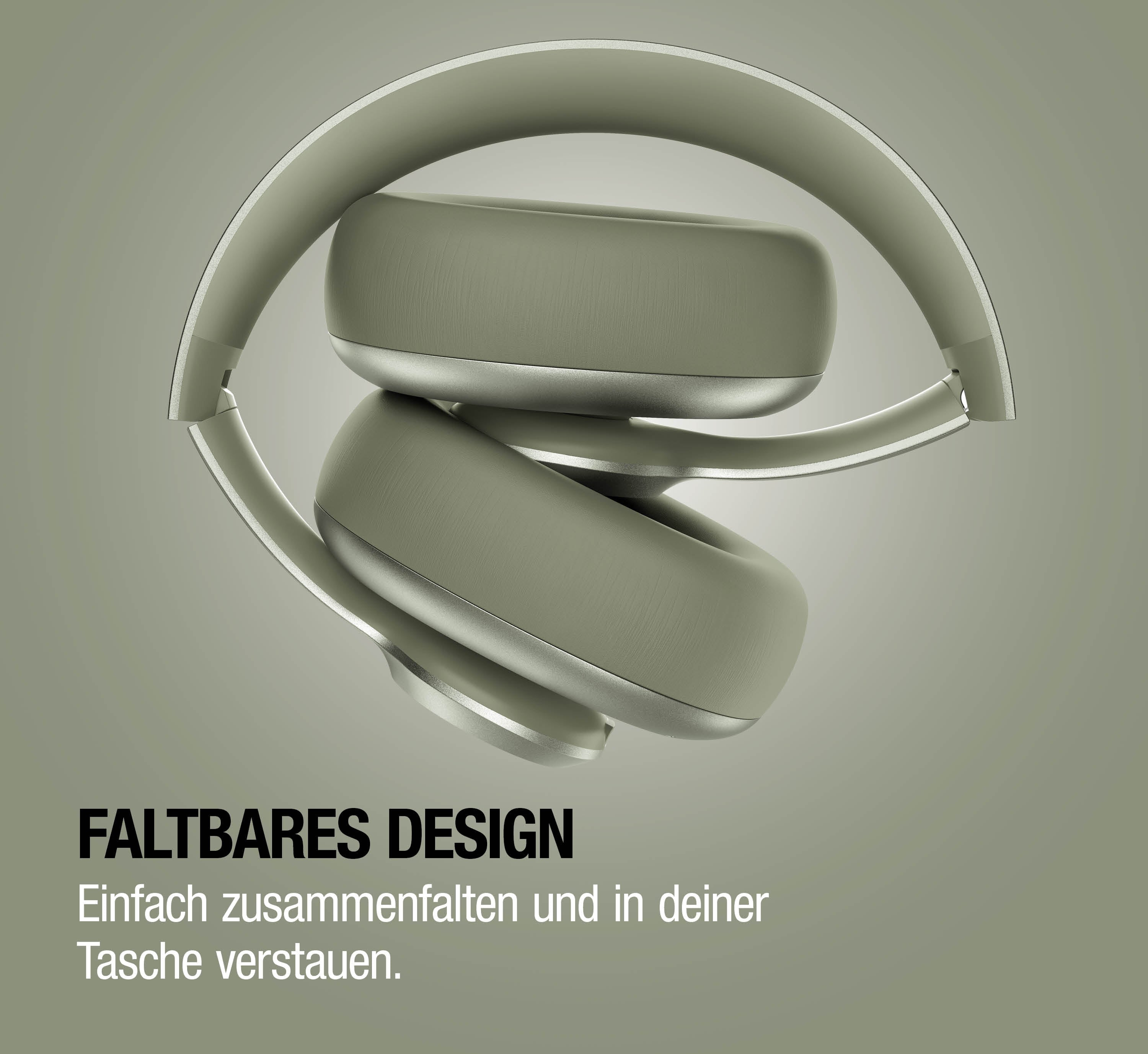 Faltbare graue Kopfhörer mit silbernen Akzenten auf grauem Farbverlauf.