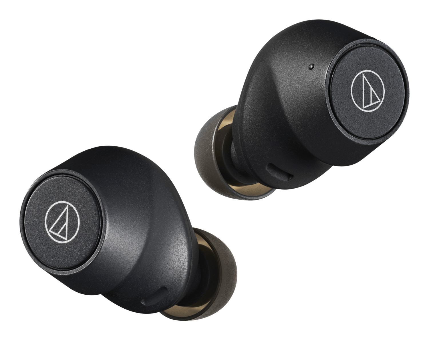 Due auricolari wireless neri con logo argentato su sfondo bianco.