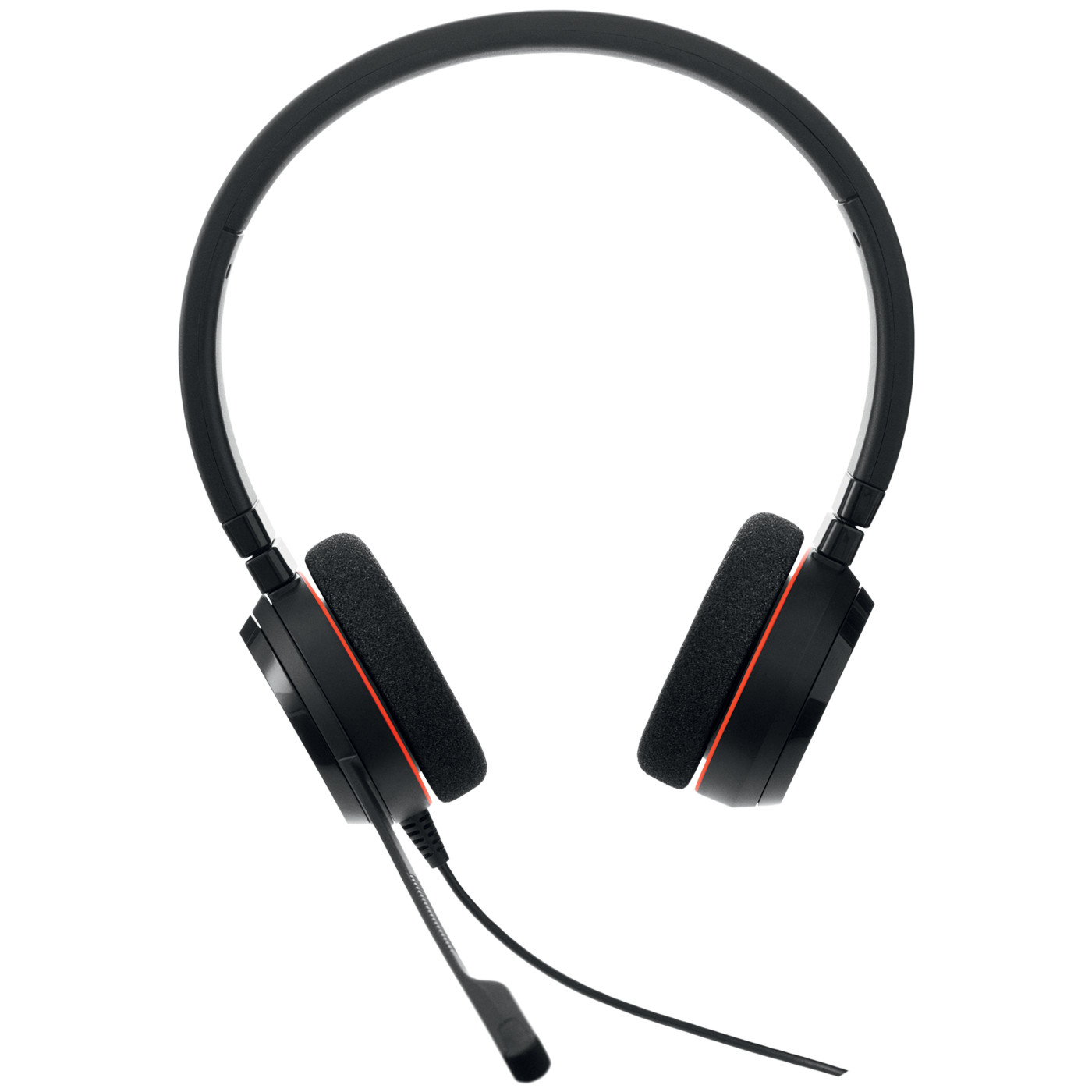 Casque arceau noir avec accents orange et microphone.