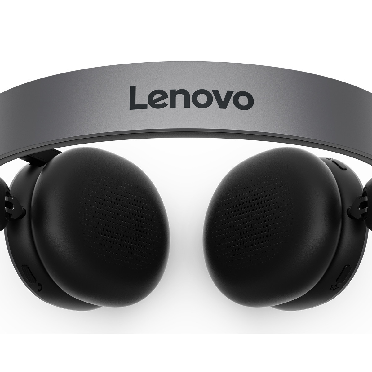Cuffie Lenovo nere con archetto grigio, vista ravvicinata.