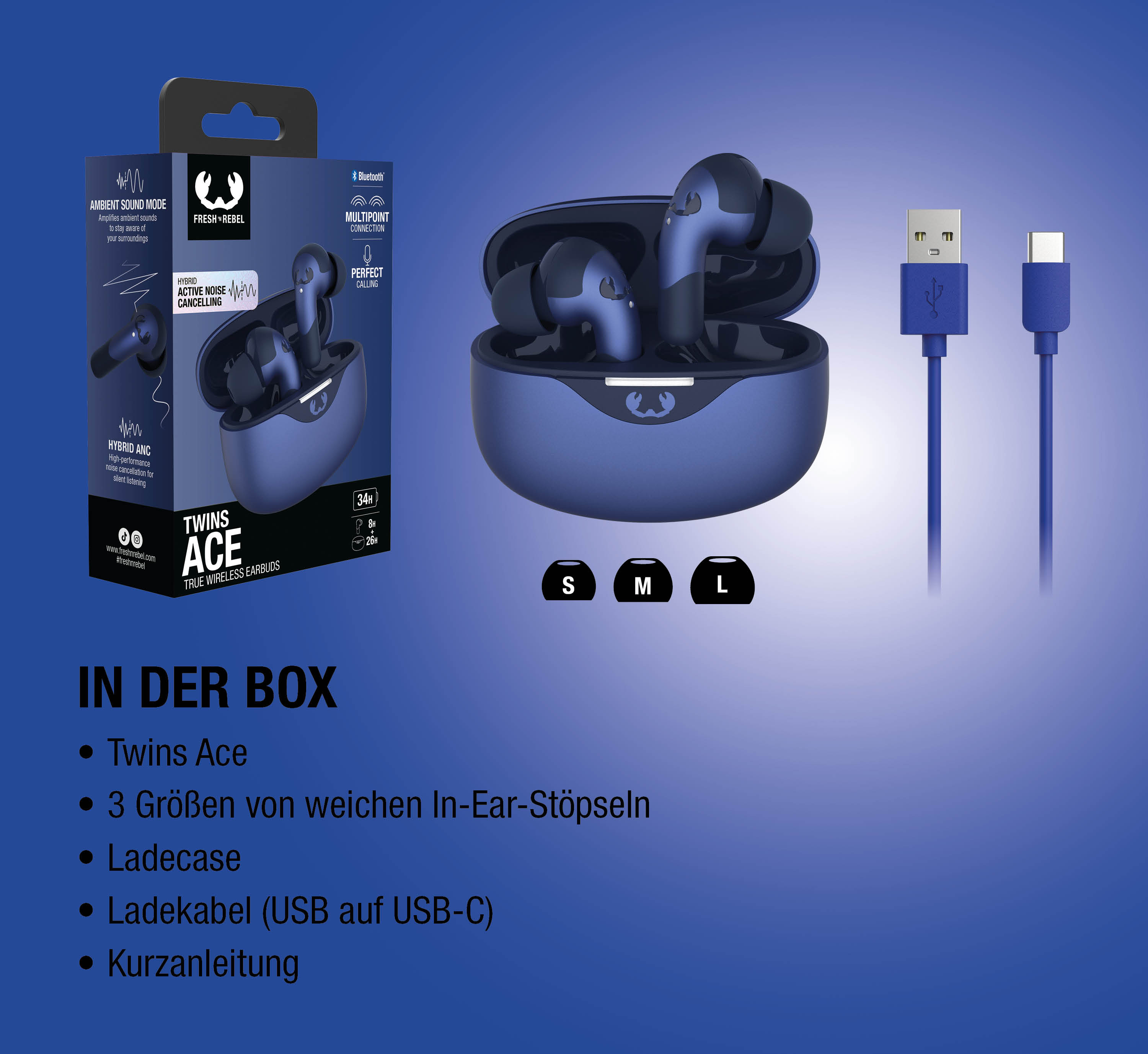 Blaue Fresh 'n Rebel Twins Ace Ohrhörer in geöffneter Ladehülle mit USB-C-Kabel.
