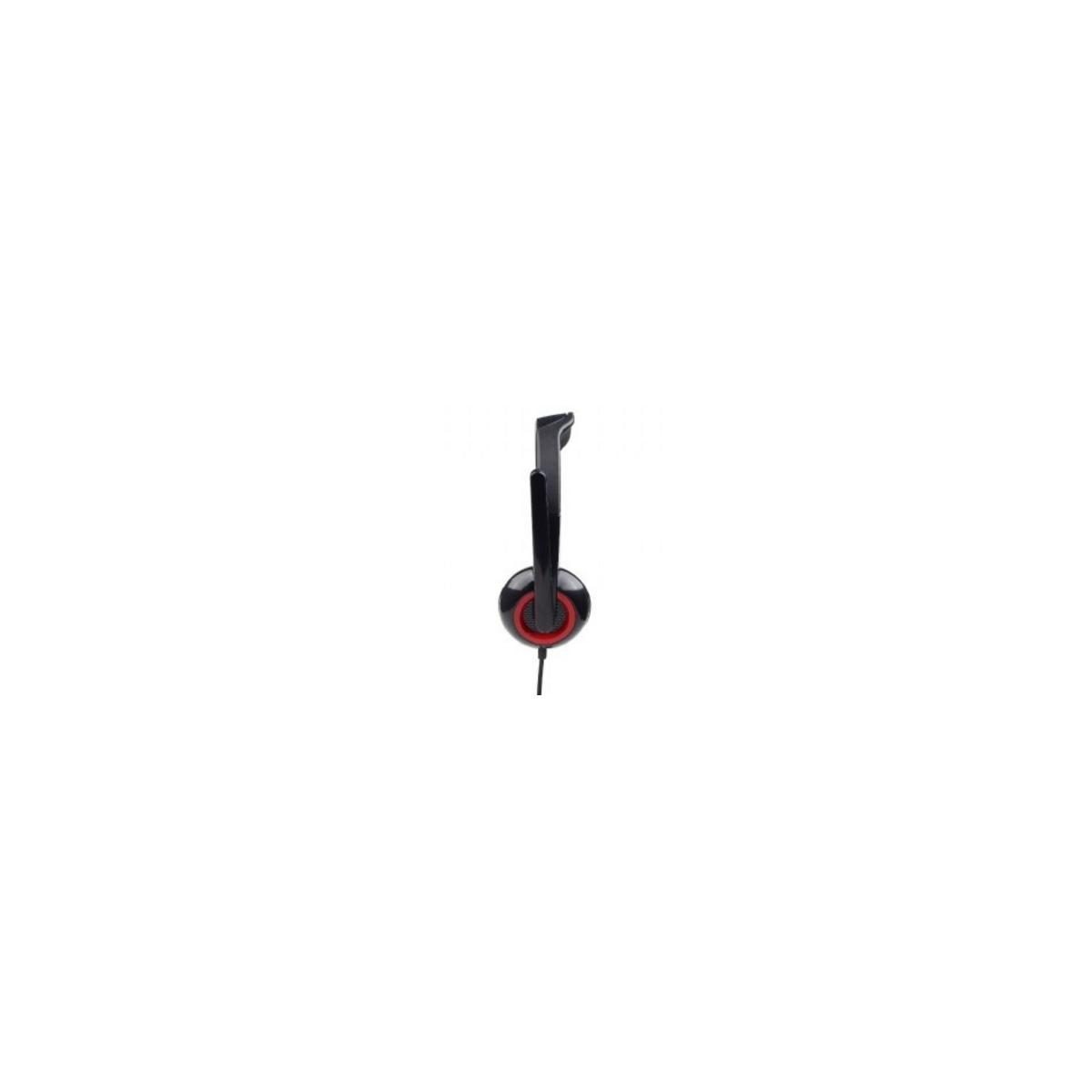 Casque noir avec anneau rouge et micro, sur fond blanc.