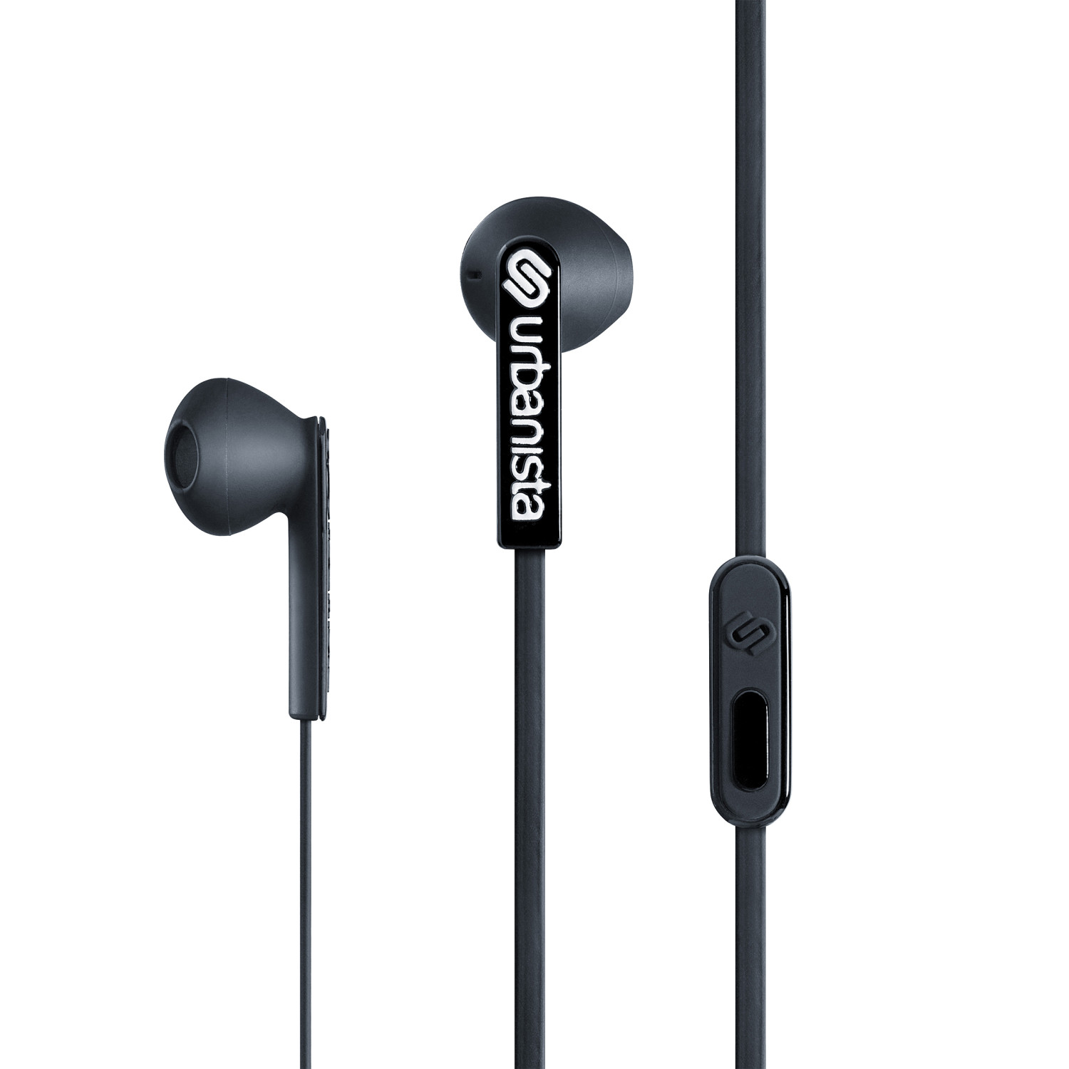 Donkergrijze in-ear oordopjes met snoer en afstandsbediening, Urbanista logo.