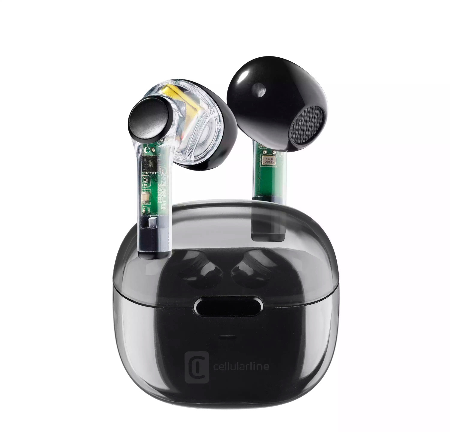 Custodia di ricarica trasparente con auricolari wireless neri, componenti interni visibili.