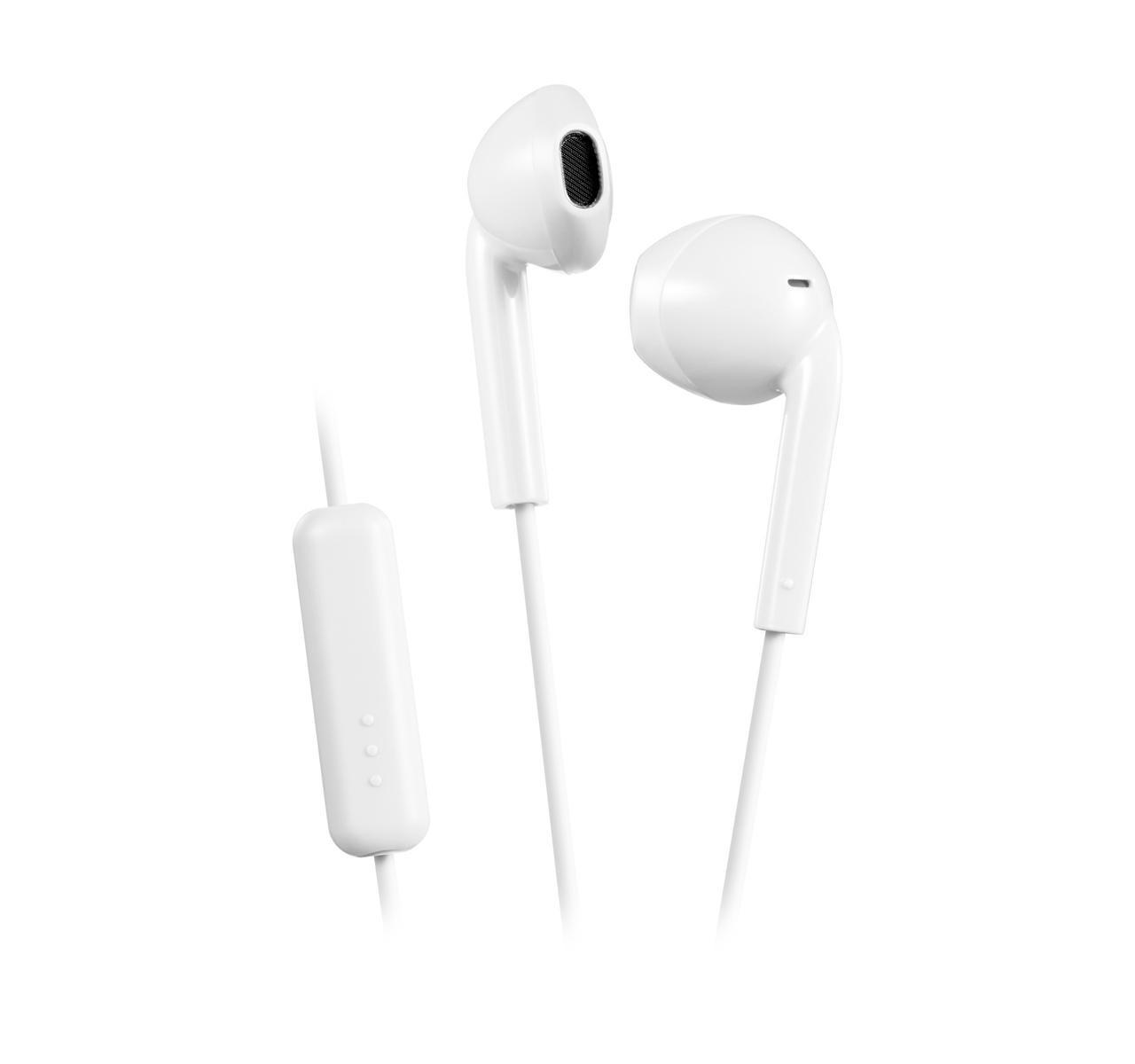 White in-ear earphones with cord and inline remote on a white background.