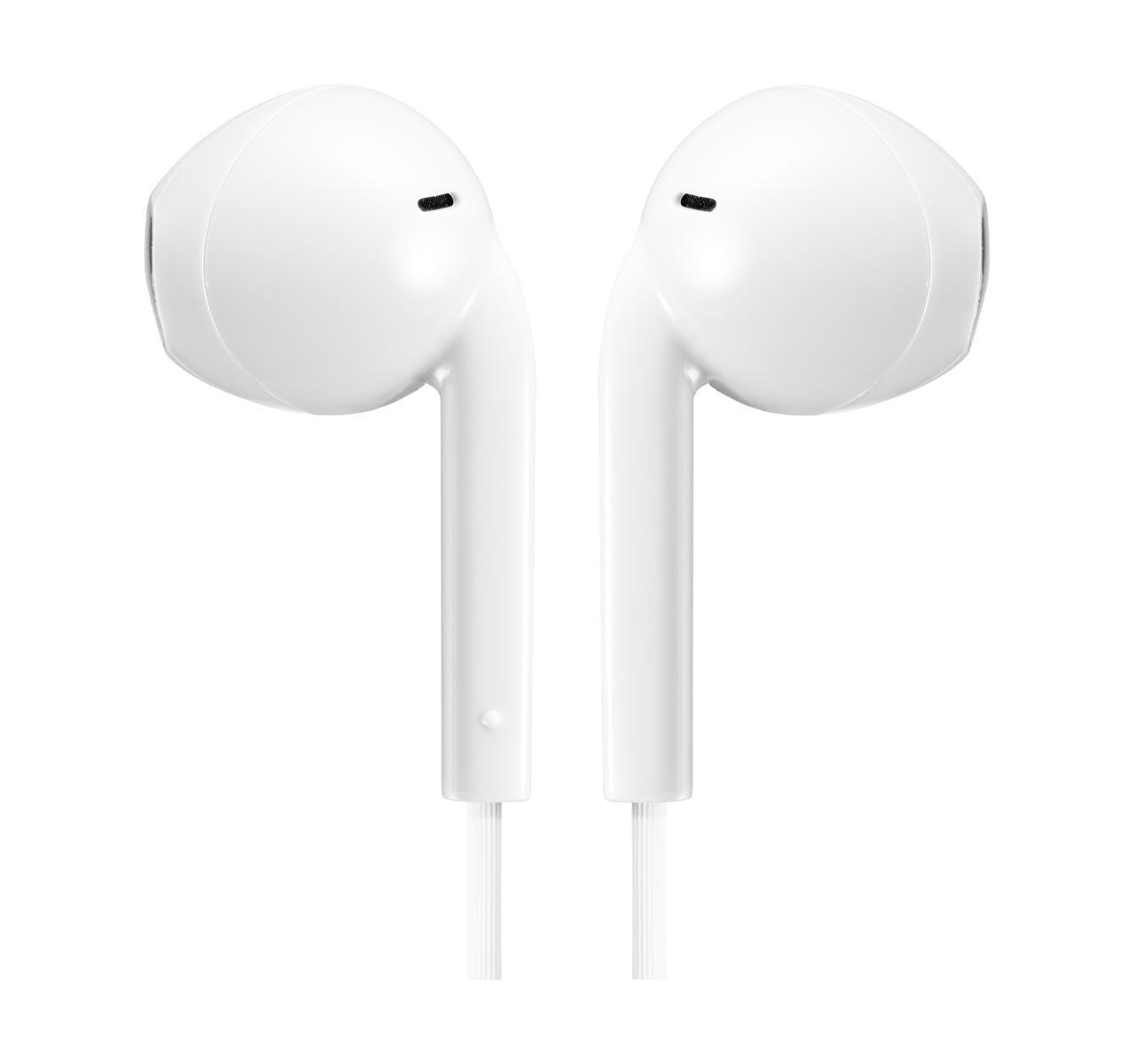 Two white wired earphones, isolated on a white background.