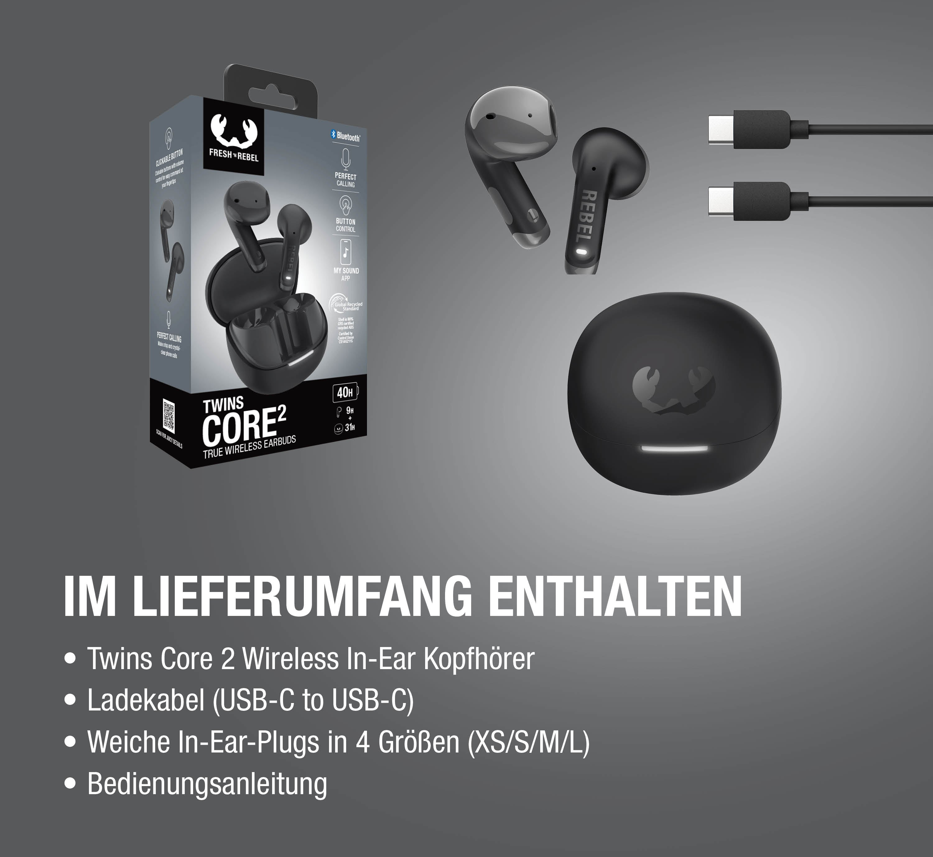 Schwarze Fresh 'n Rebel Twins Core 2 Ohrhörer mit Ladecase und Kabel.