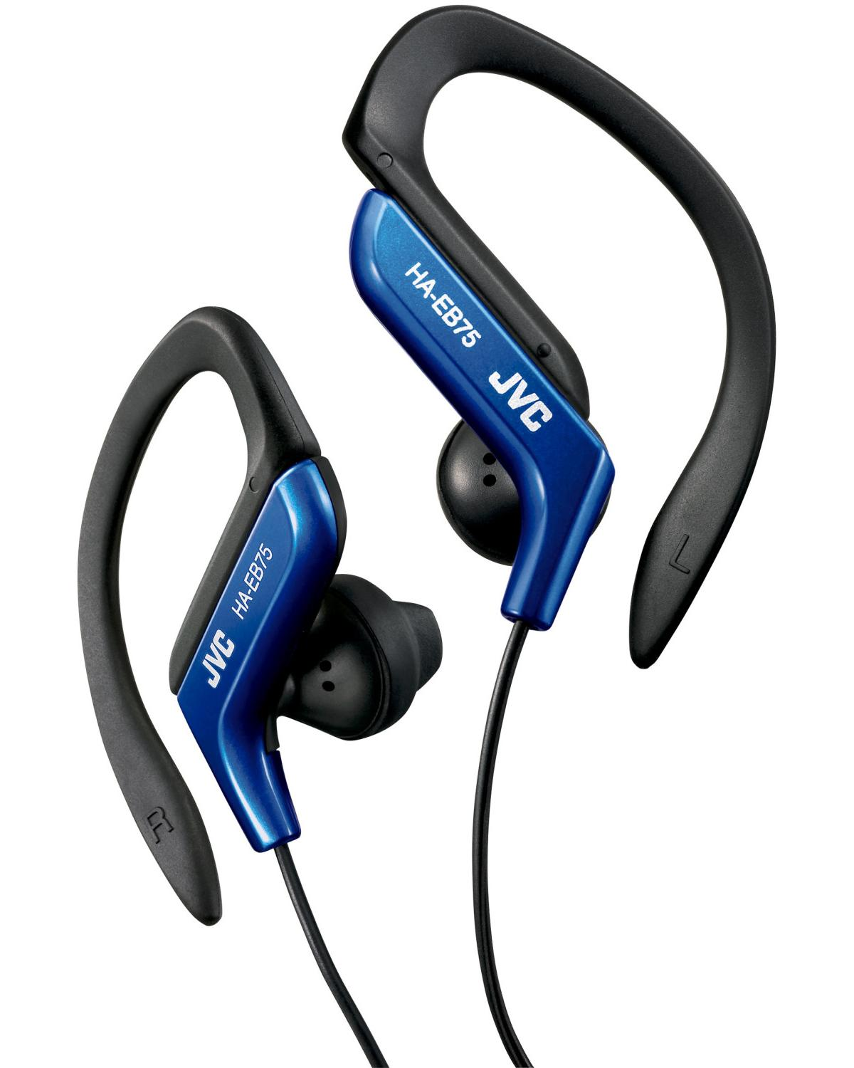 Blaue JVC HA-EB75 In-Ear-Kopfhörer mit schwarzen Ohrbügeln und Kabeln.