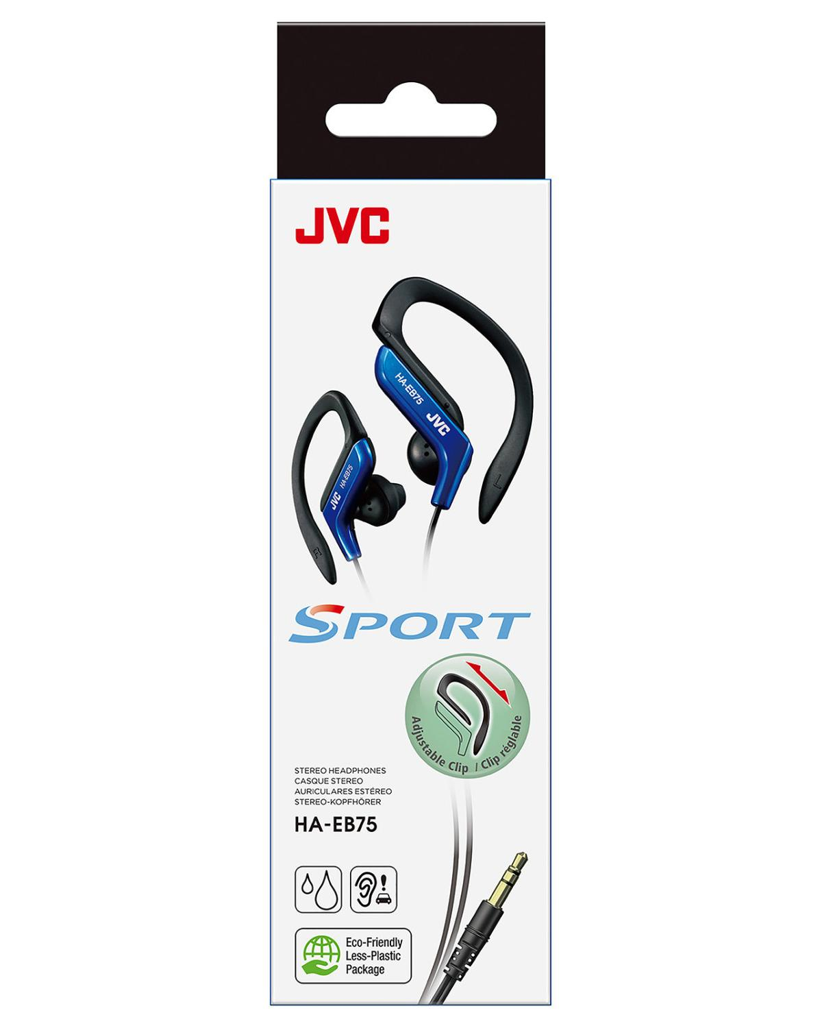 JVC Sport Kopfhörer, blau und schwarz, mit verstellbarem Clip.