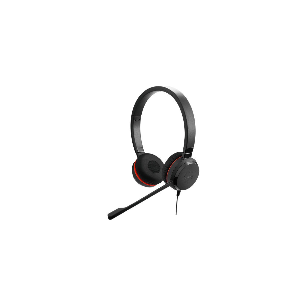 Casque Jabra noir avec microphone et accents rouges.
