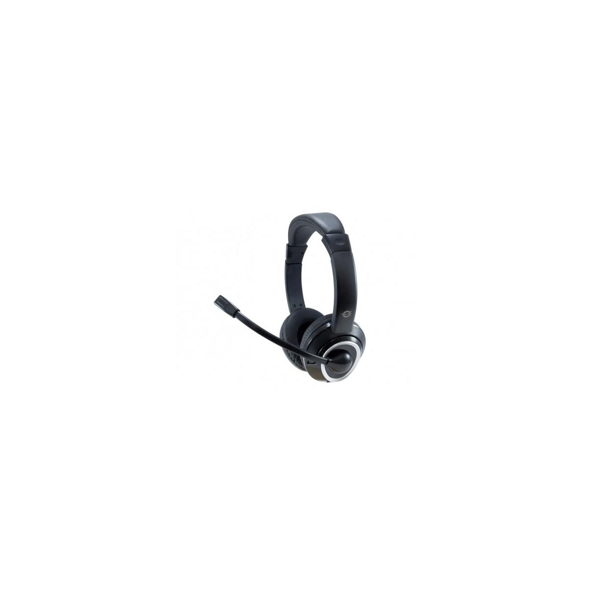 Zwarte over-ear koptelefoon met microfoonarm en zilveren accenten.