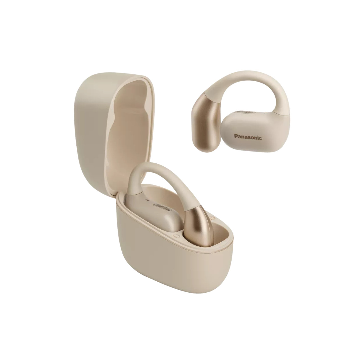 Beige Ladehülle mit zwei gold- und beigefarbenen Panasonic-Ohrhörern, einer in der Hülle.