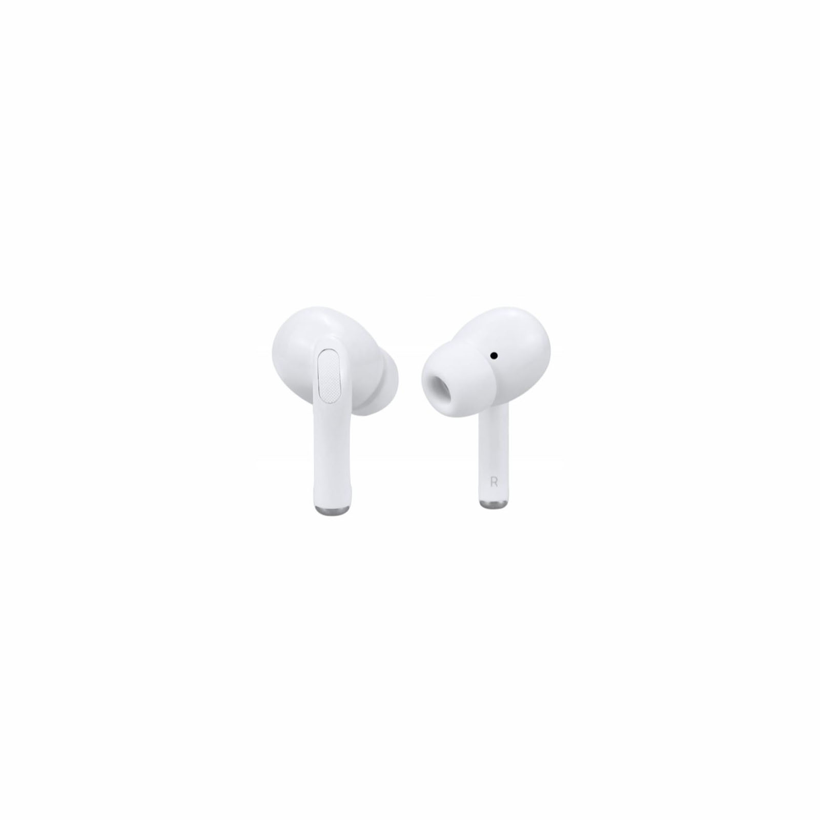Due auricolari wireless bianchi su sfondo bianco. Uno contrassegnato con 'R'.