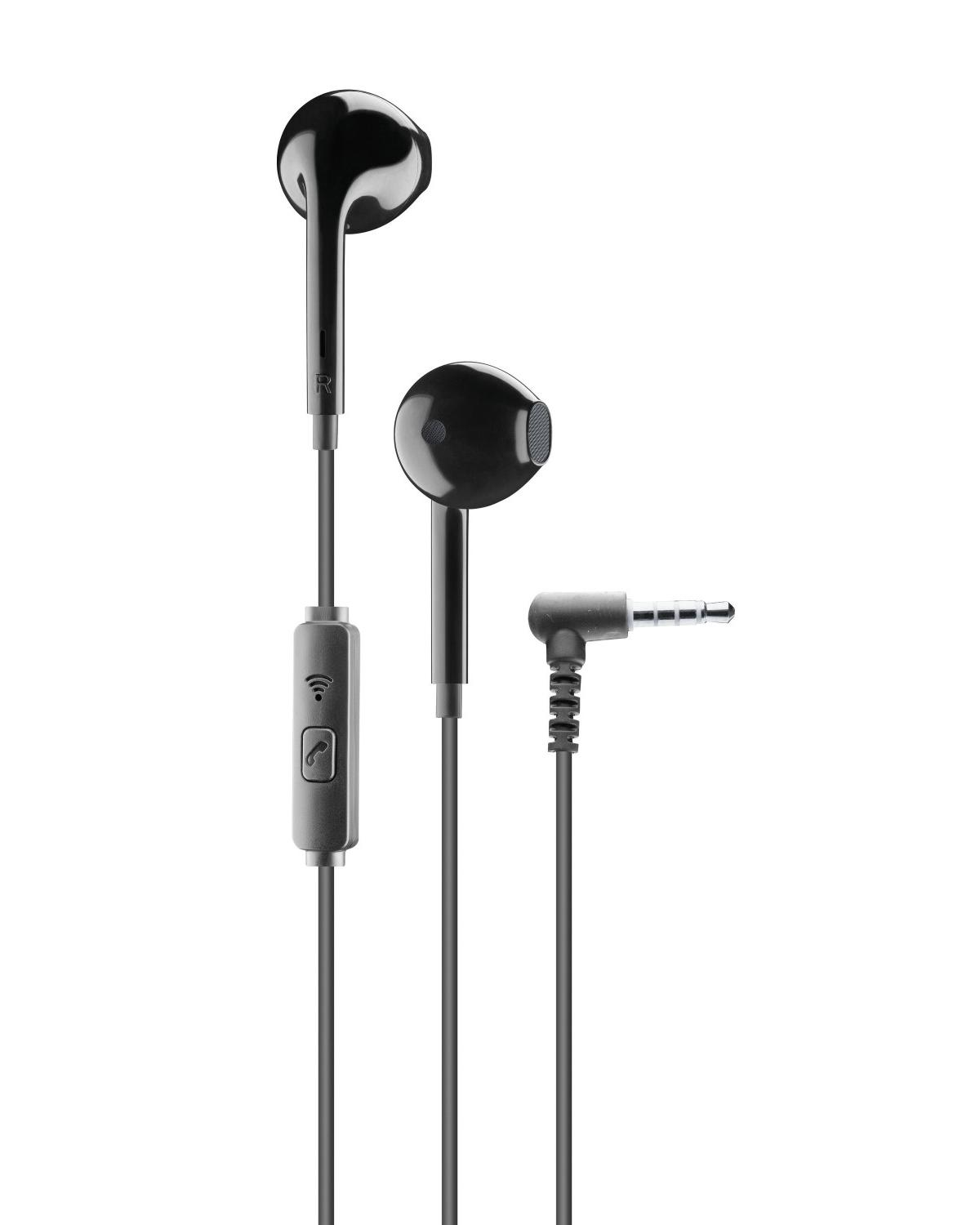 Auriculares intrauditivos negros con control remoto en línea y conector de audio de 3,5 mm.
