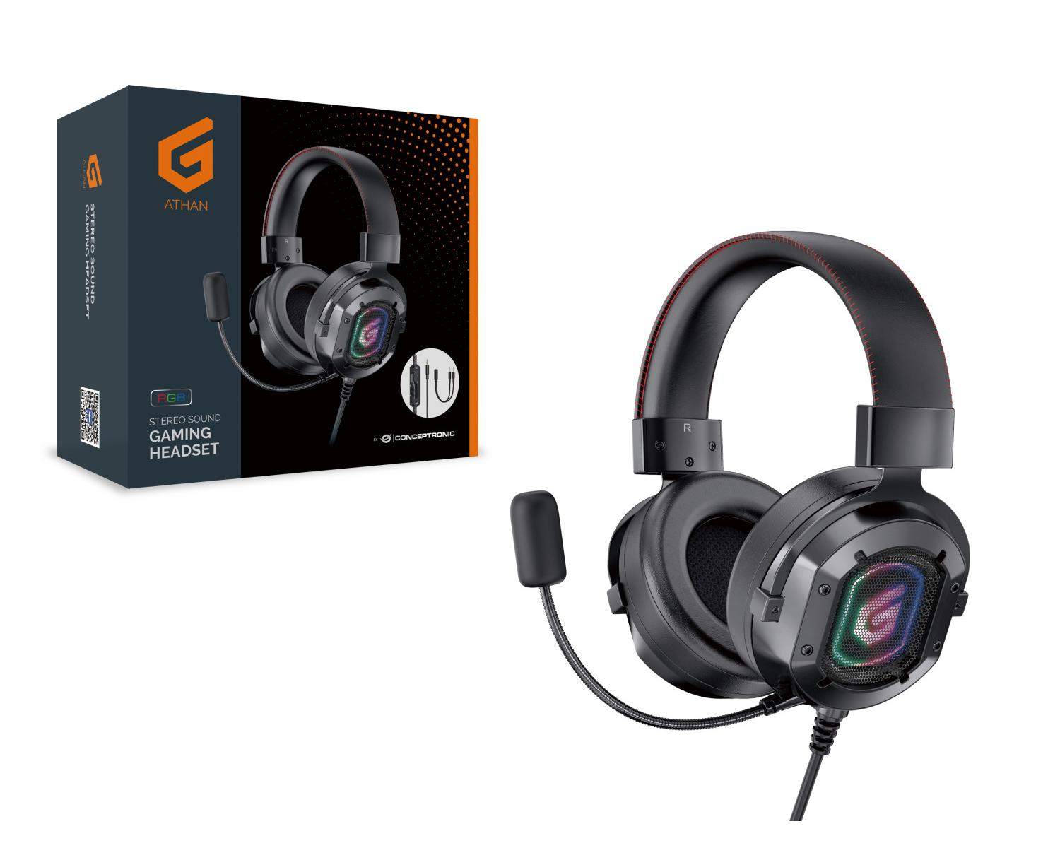 Black gaming headset with microphone and RGB lighting next to its box.