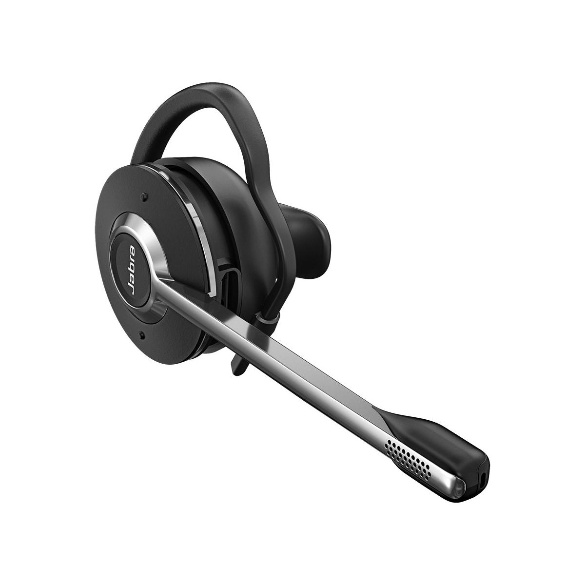 Ein schwarzes Jabra-Headset mit silbernem Mikrofonarm und Ohrbügel.