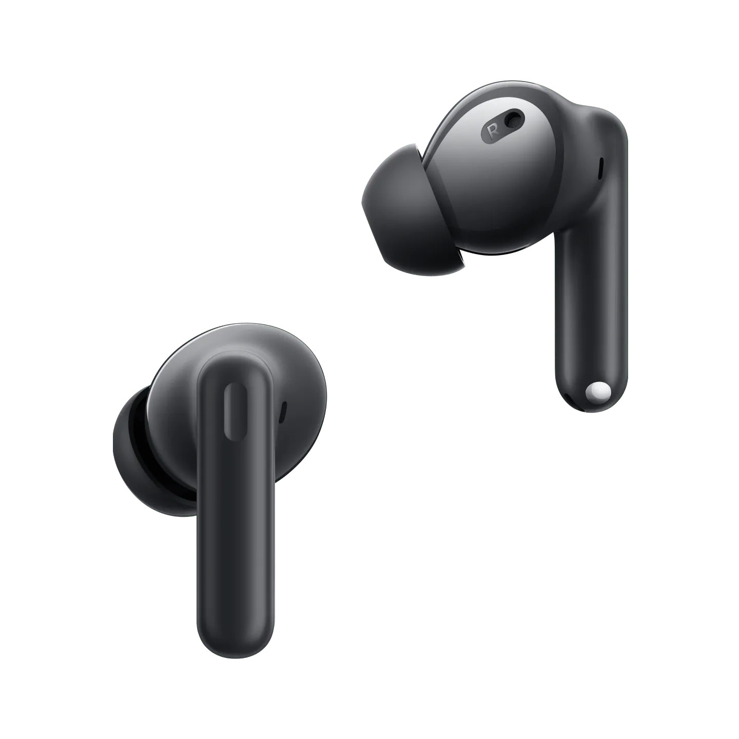 Due auricolari wireless neri con stelo, su sfondo bianco.
