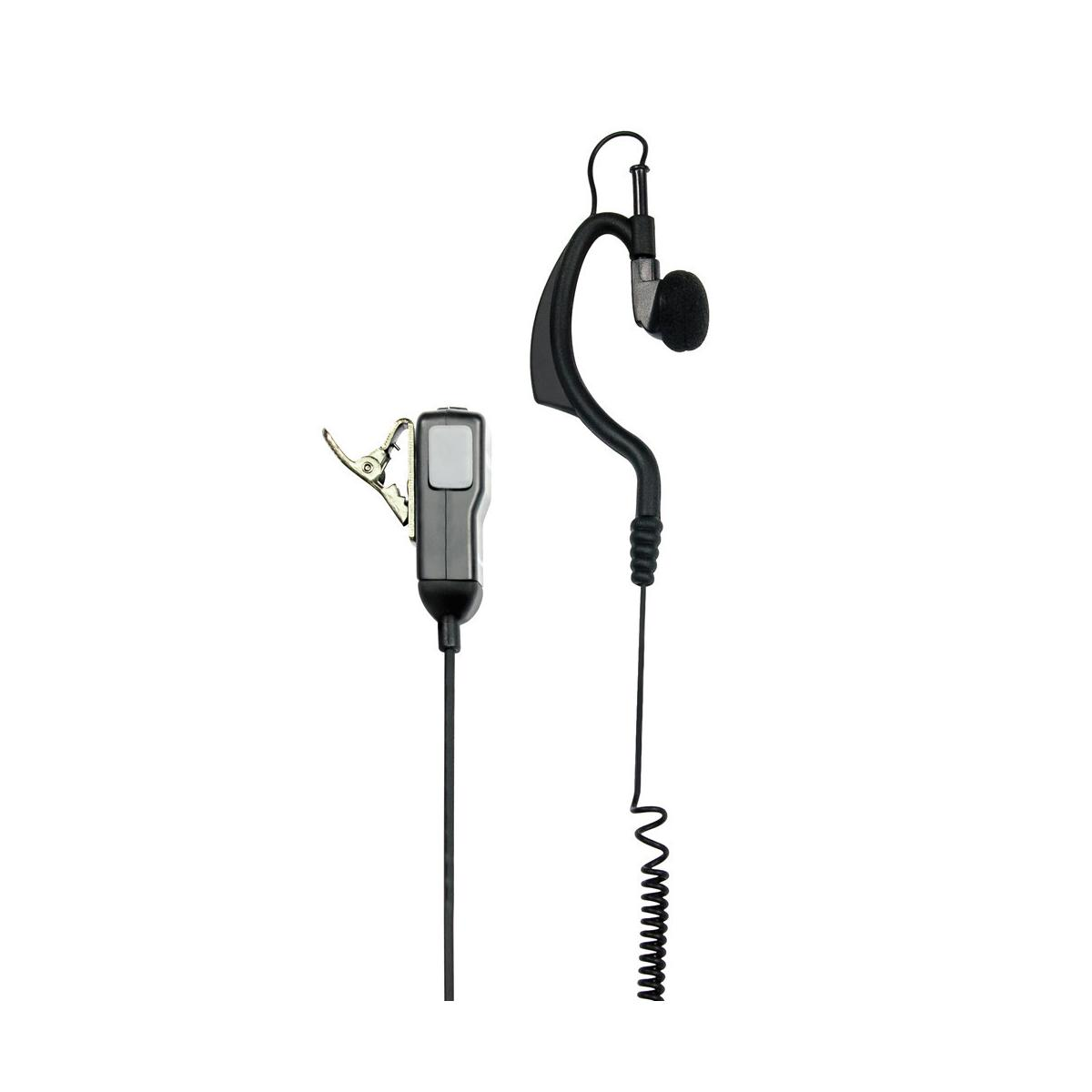 Een zwart-grijze headset met oortje en microfoon met clip.