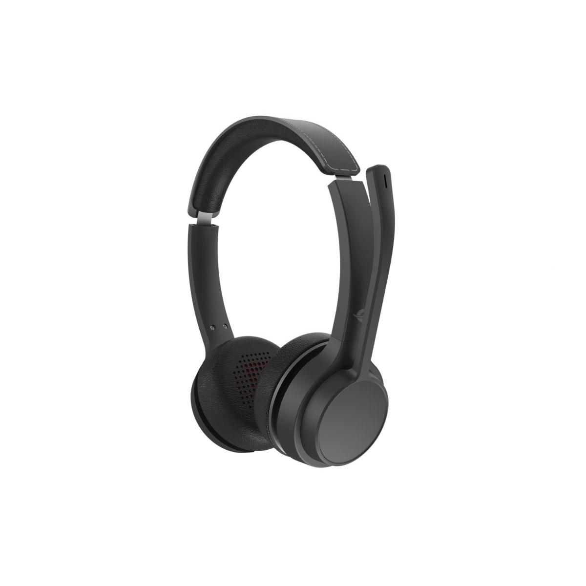 Un auricolare nero con braccio microfonico è mostrato su sfondo bianco.