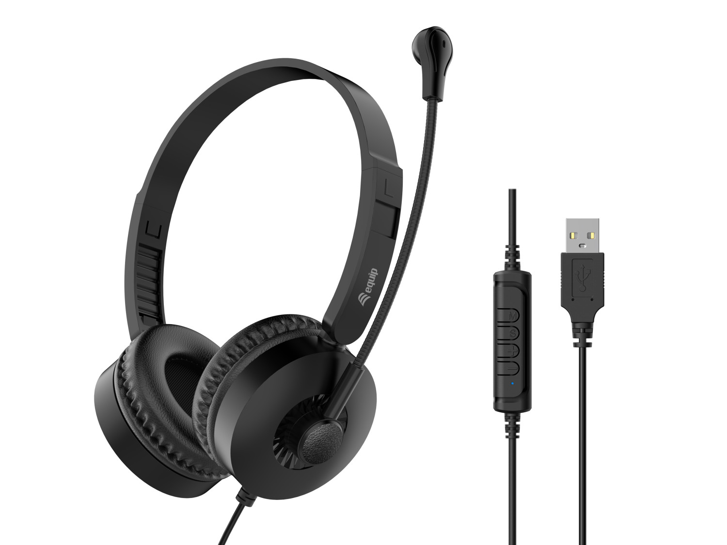 Cuffie nere con microfono e connettore USB su sfondo bianco.