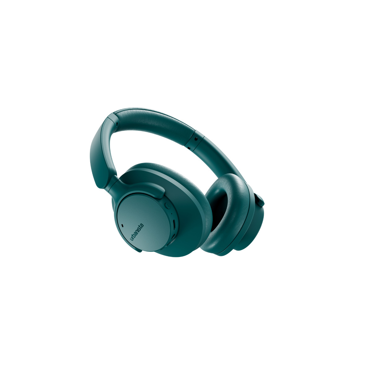 Teal over-ear headphones with a headband and earcups, on a white background.