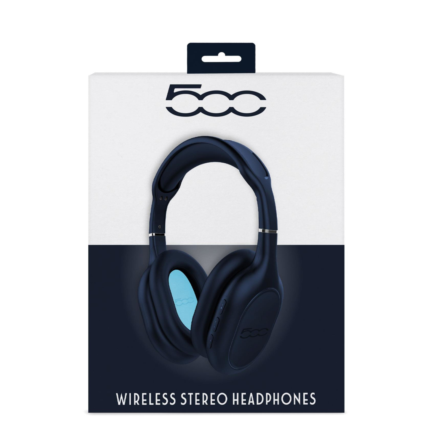 Confezione con cuffie stereo wireless blu scuro e logo Fiat 500.