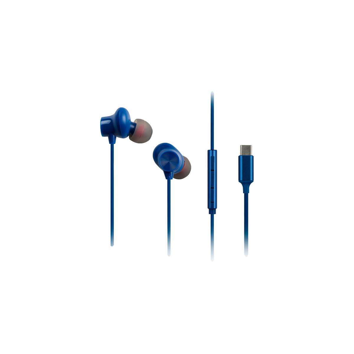 Blue in-ear earphones with USB-C connector and inline remote.