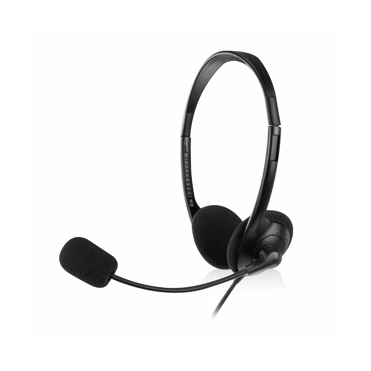 Auriculares negros con micrófono sobre fondo blanco.