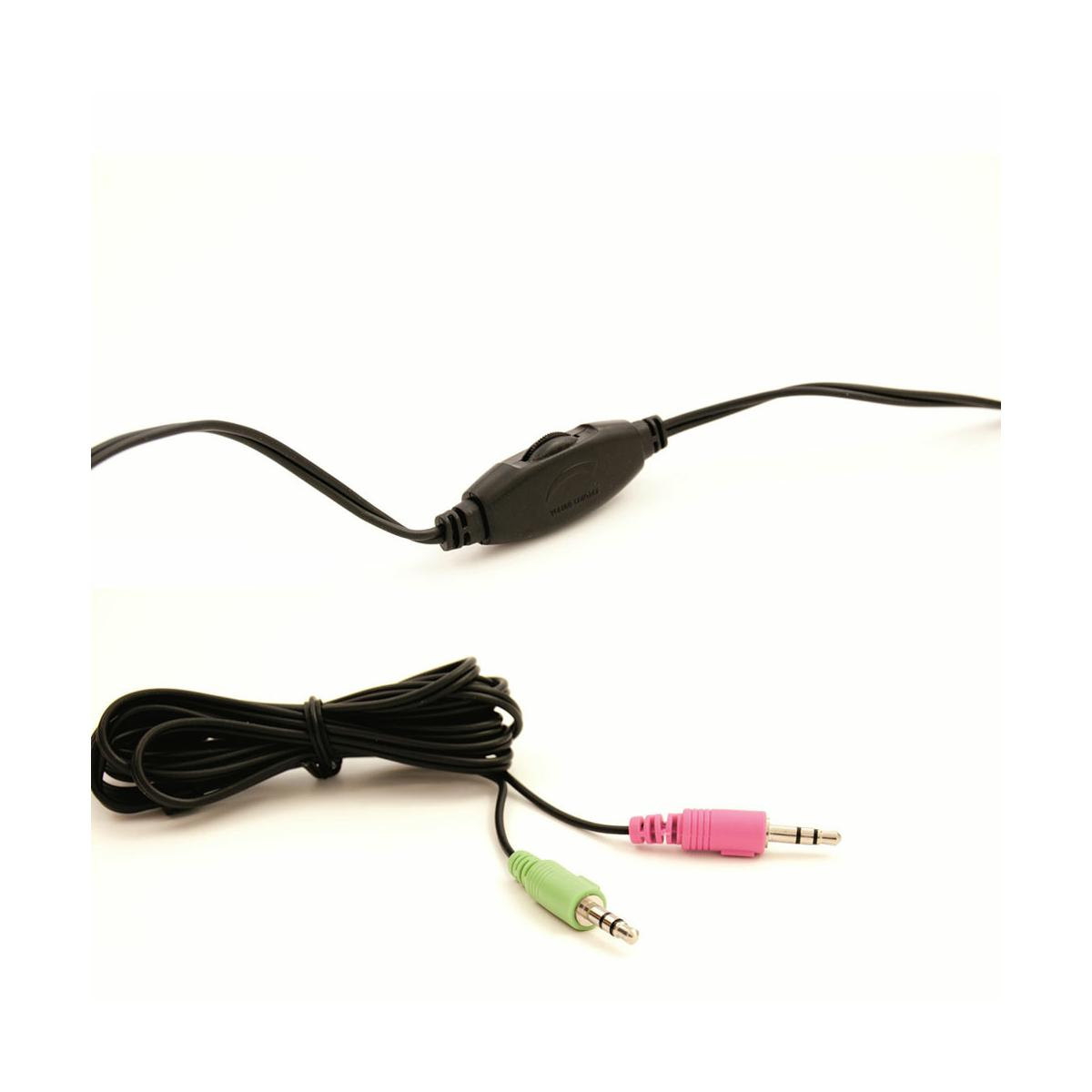 Cable de audio negro con control de volumen y conectores jack verde/rosa sobre blanco.