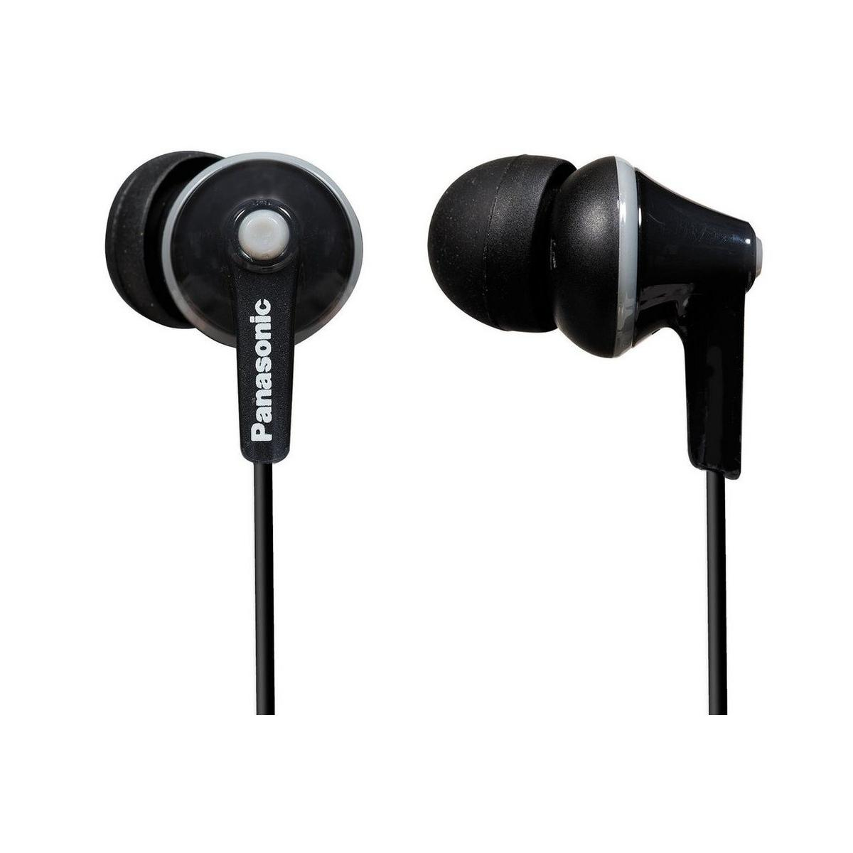 Zwei schwarze Panasonic In-Ear-Kopfhörer mit Kabel, auf weißem Hintergrund.
