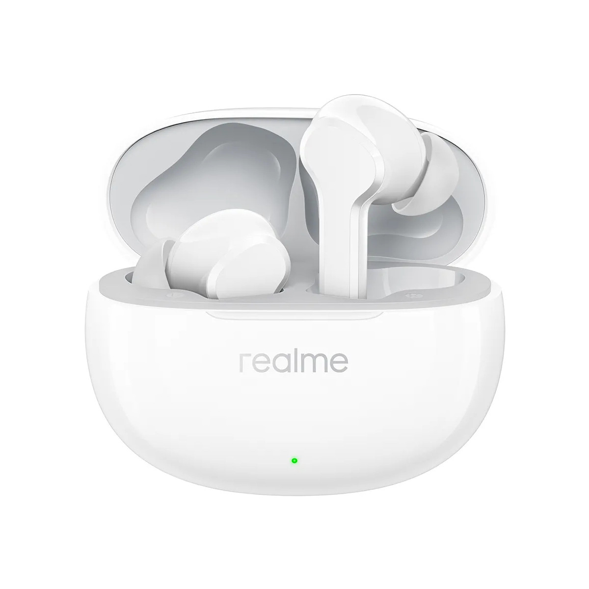 Weiße Realme-Ohrhörer mit Ladecase und grünem Ladeanzeiger.