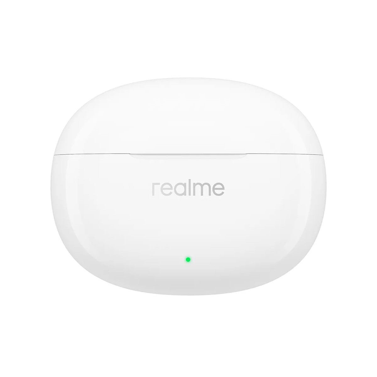 Ein weißes Realme-Kopfhörergehäuse mit einem grünen Licht.