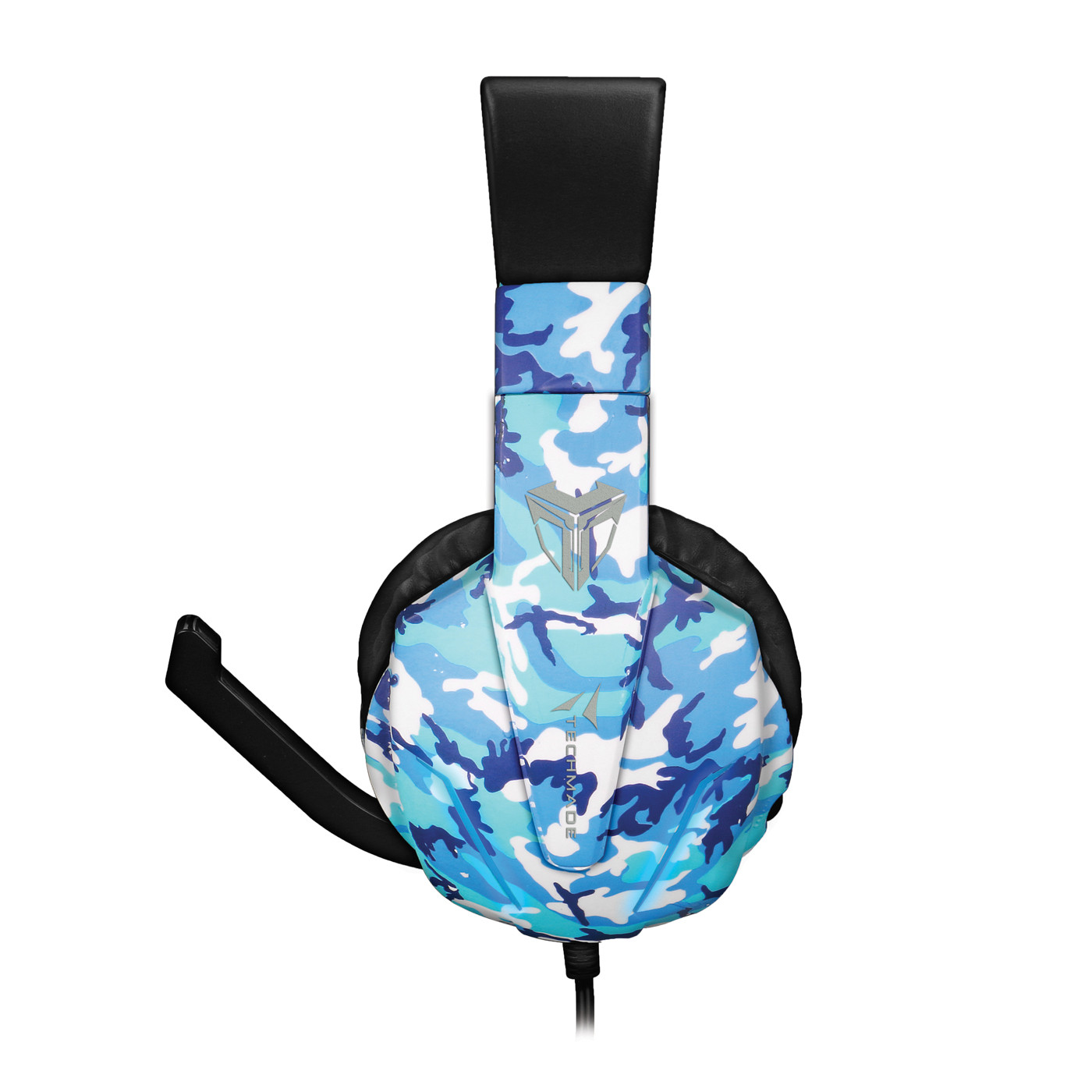 Un headset mimetico blu con microfono su sfondo bianco.