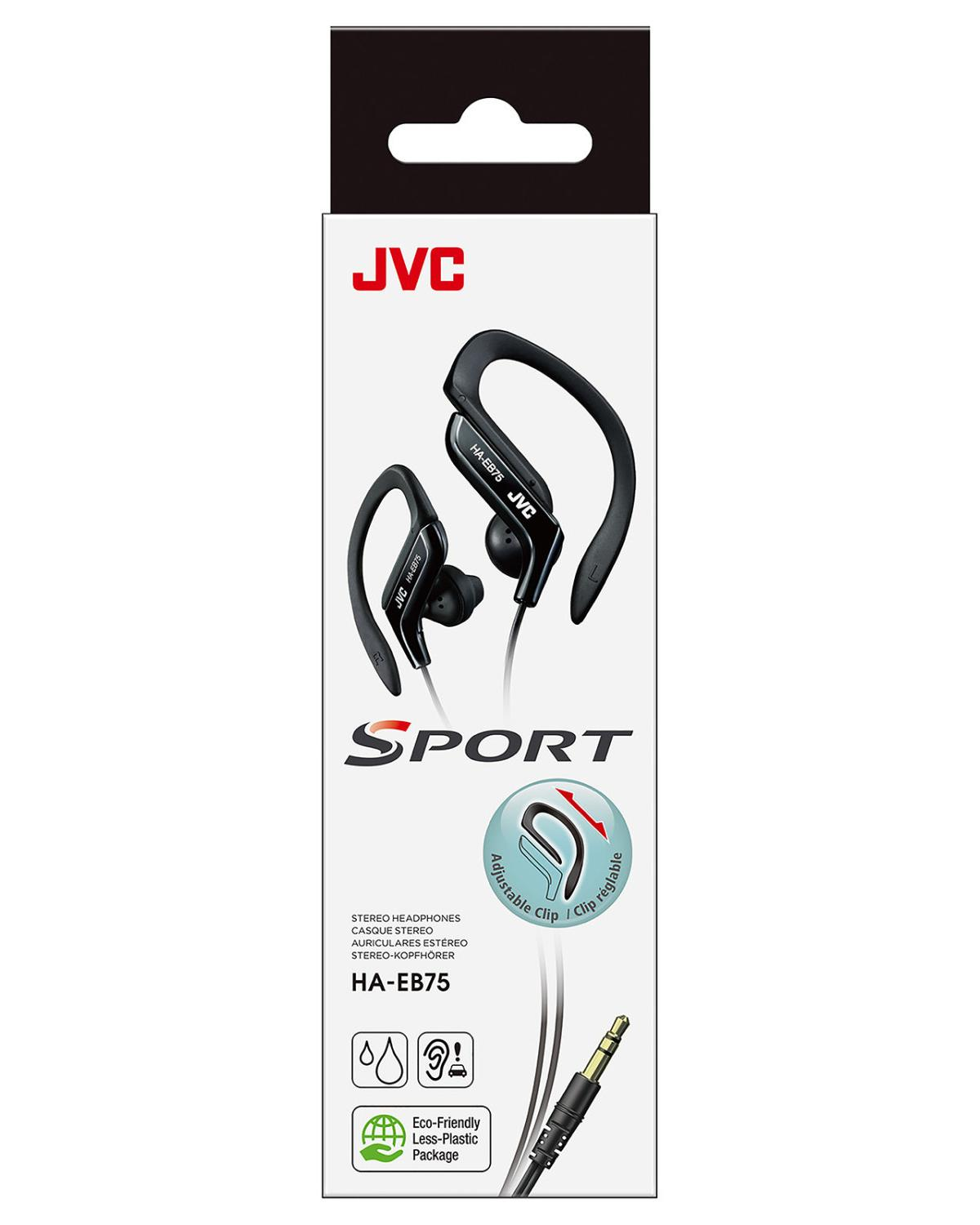 JVC Sport headphones packaging with ear hooks and adjustable clip.