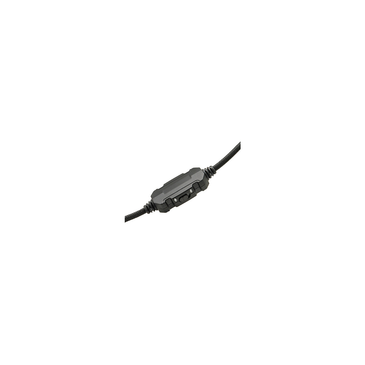 Een zwarte inline kabelcontroller met knoppen en een schuifregelaar.