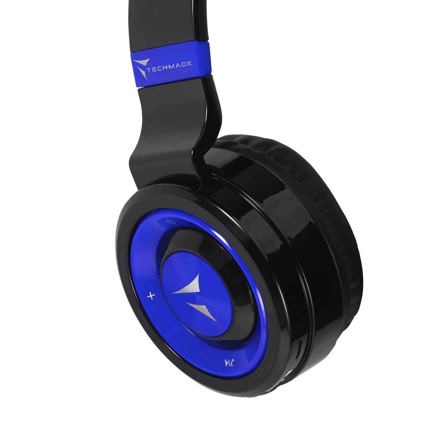 Cuffie nere con accenti blu e logo.