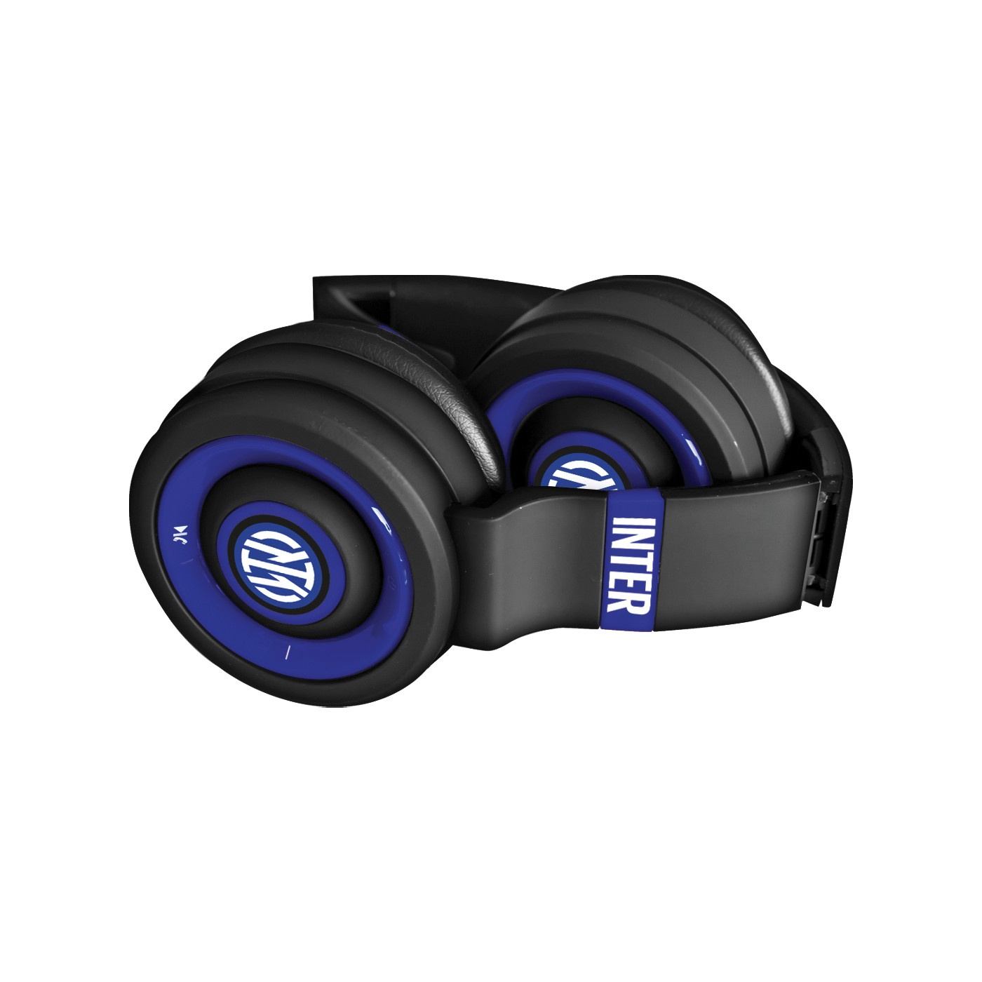Cuffie nere con accenti blu e logo INTER, piegate.